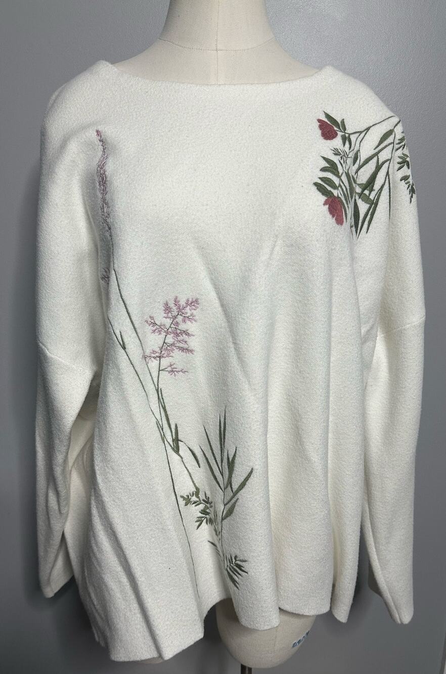 Rachel Zoe Embroidered Botanical Floral Knit Sweater, Cottagecore - Womens 3X
